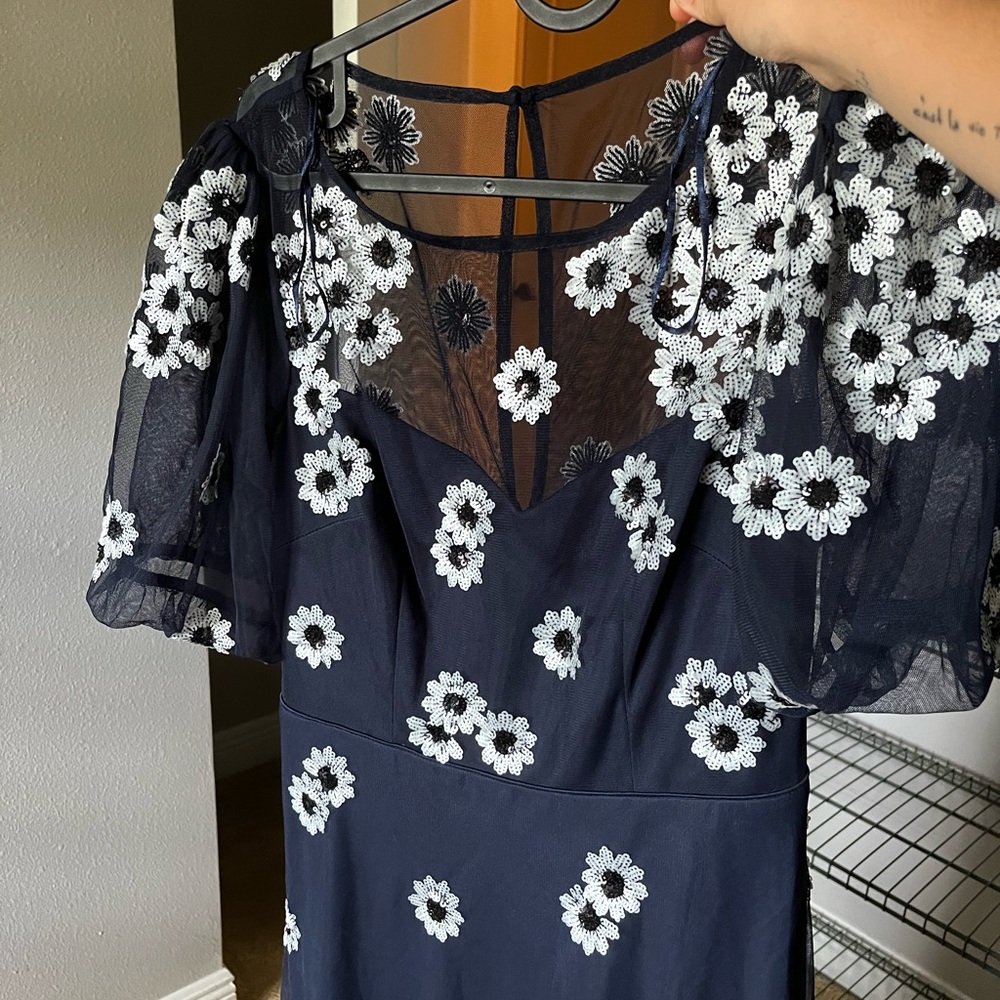 Monsoon Andrea embroidered midi dress in recycled polyester blue